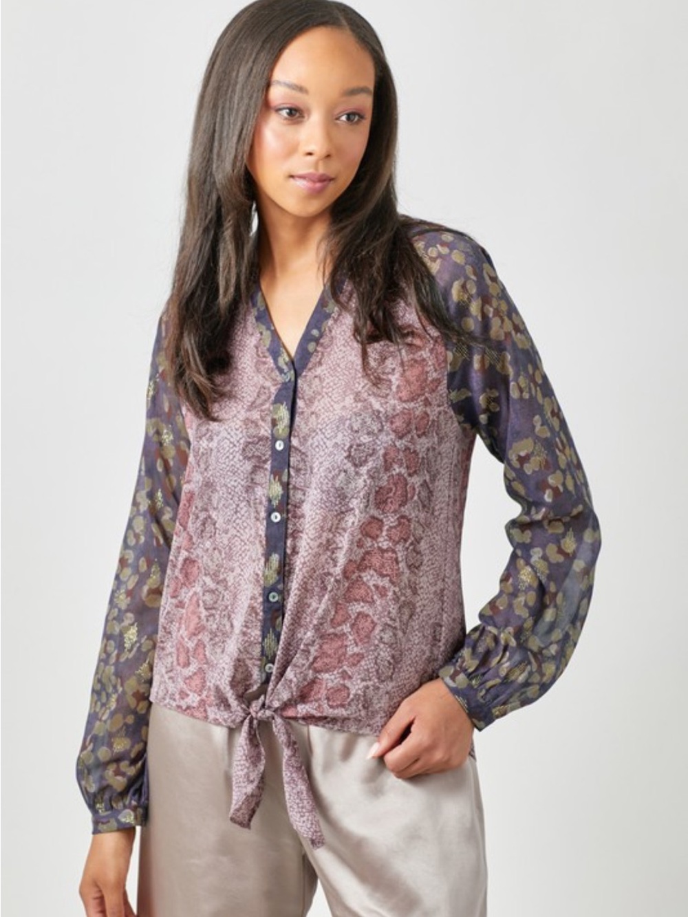 Tie Front Mixed Print Raglan Sleeve Button